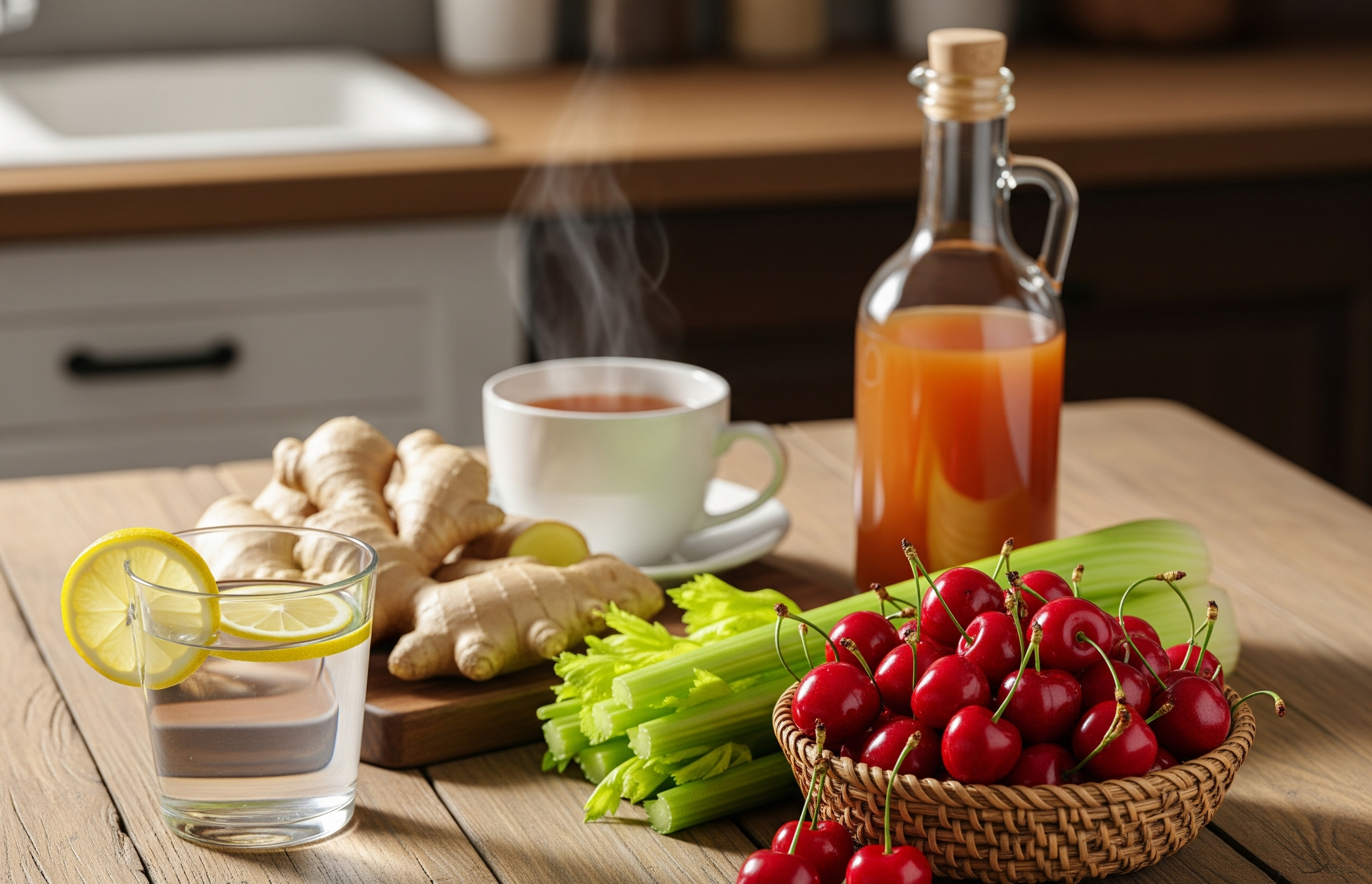 Natural ingredients like cherries, lemon water, and ginger tea arranged on a table, promoting home remedies for uric acid relief.